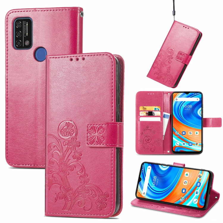 For UMIDIGI A9 Four-leaf Clasp Embossed Buckle Mobile Phone Protection Leather Case with Lanyard & Card Slot & Wallet & Bracket Function