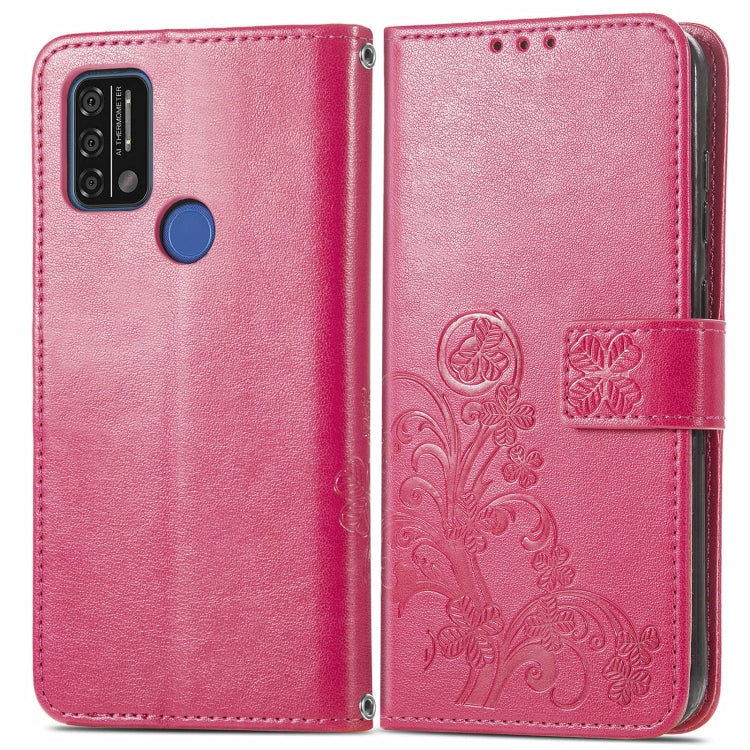 For UMIDIGI A9 Four-leaf Clasp Embossed Buckle Mobile Phone Protection Leather Case with Lanyard & Card Slot & Wallet & Bracket Function