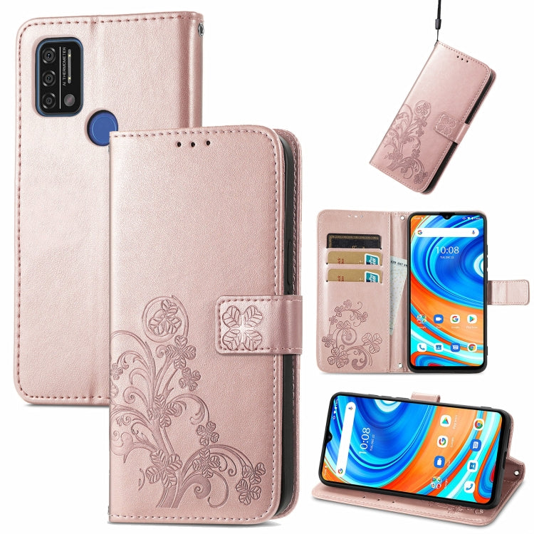 For UMIDIGI A9 Four-leaf Clasp Embossed Buckle Mobile Phone Protection Leather Case with Lanyard & Card Slot & Wallet & Bracket Function