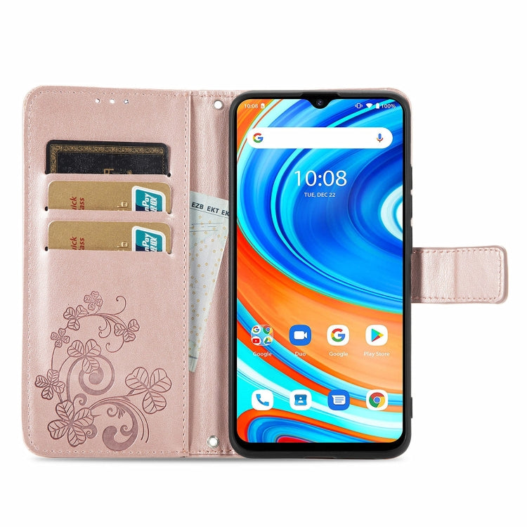 For UMIDIGI A9 Four-leaf Clasp Embossed Buckle Mobile Phone Protection Leather Case with Lanyard & Card Slot & Wallet & Bracket Function