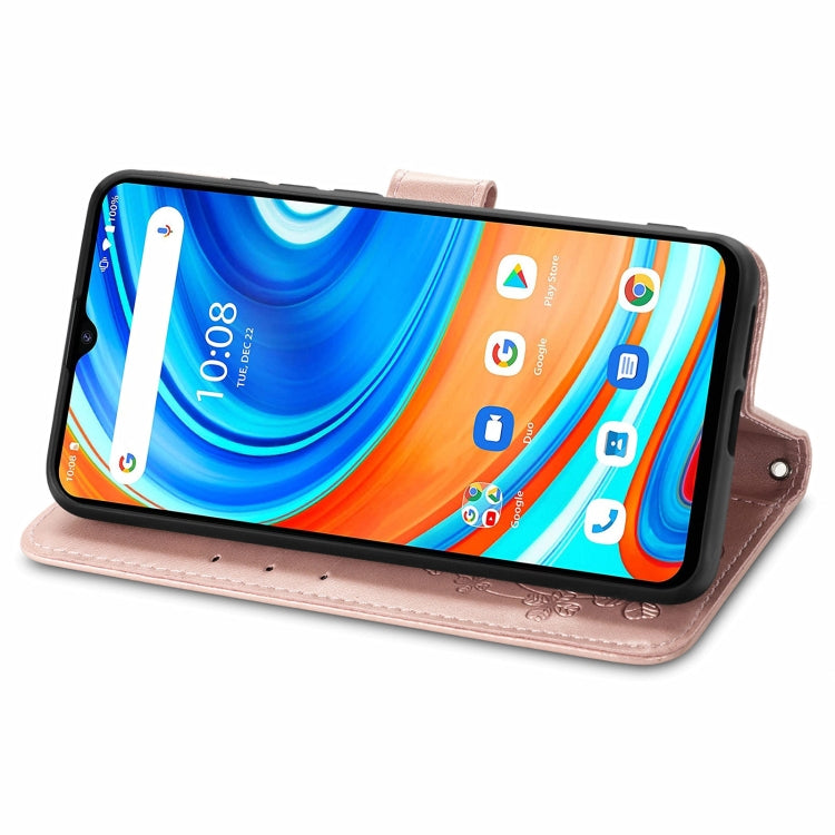 For UMIDIGI A9 Four-leaf Clasp Embossed Buckle Mobile Phone Protection Leather Case with Lanyard & Card Slot & Wallet & Bracket Function