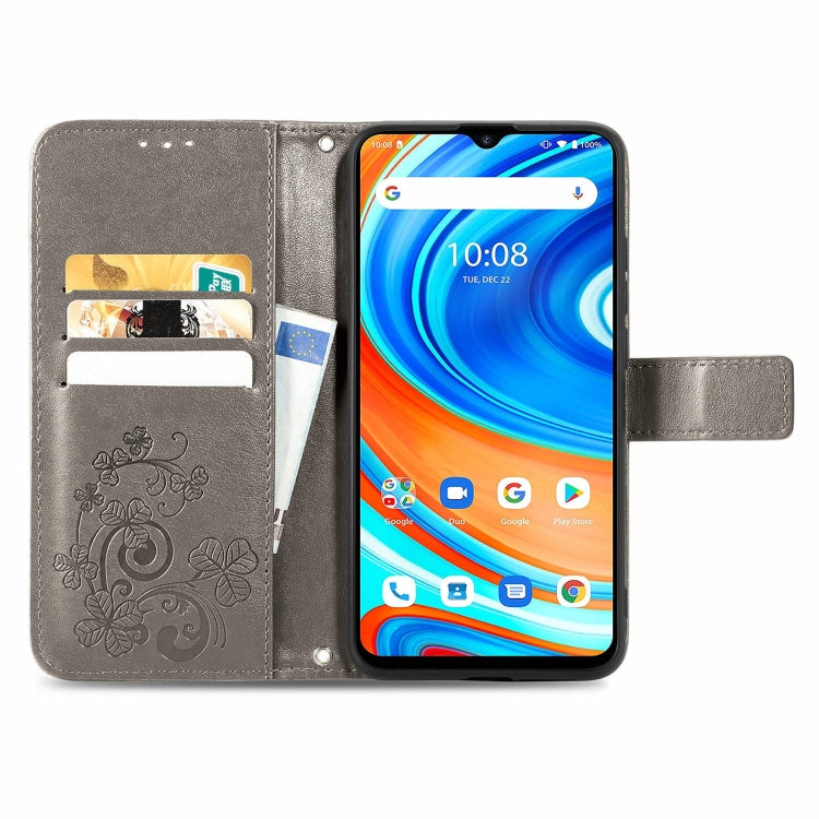 For UMIDIGI A9 Four-leaf Clasp Embossed Buckle Mobile Phone Protection Leather Case with Lanyard & Card Slot & Wallet & Bracket Function