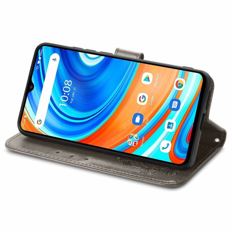 For UMIDIGI A9 Four-leaf Clasp Embossed Buckle Mobile Phone Protection Leather Case with Lanyard & Card Slot & Wallet & Bracket Function