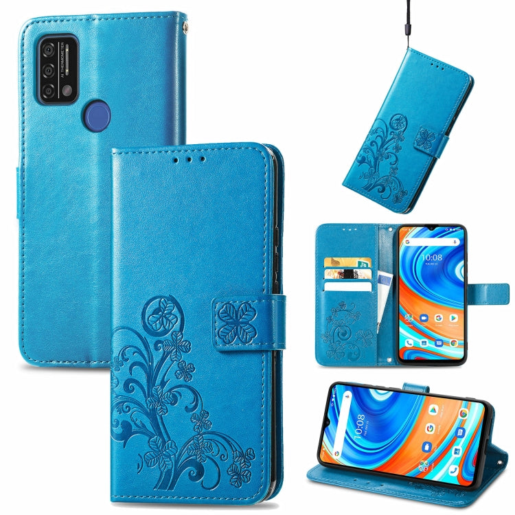 For UMIDIGI A9 Four-leaf Clasp Embossed Buckle Mobile Phone Protection Leather Case with Lanyard & Card Slot & Wallet & Bracket Function