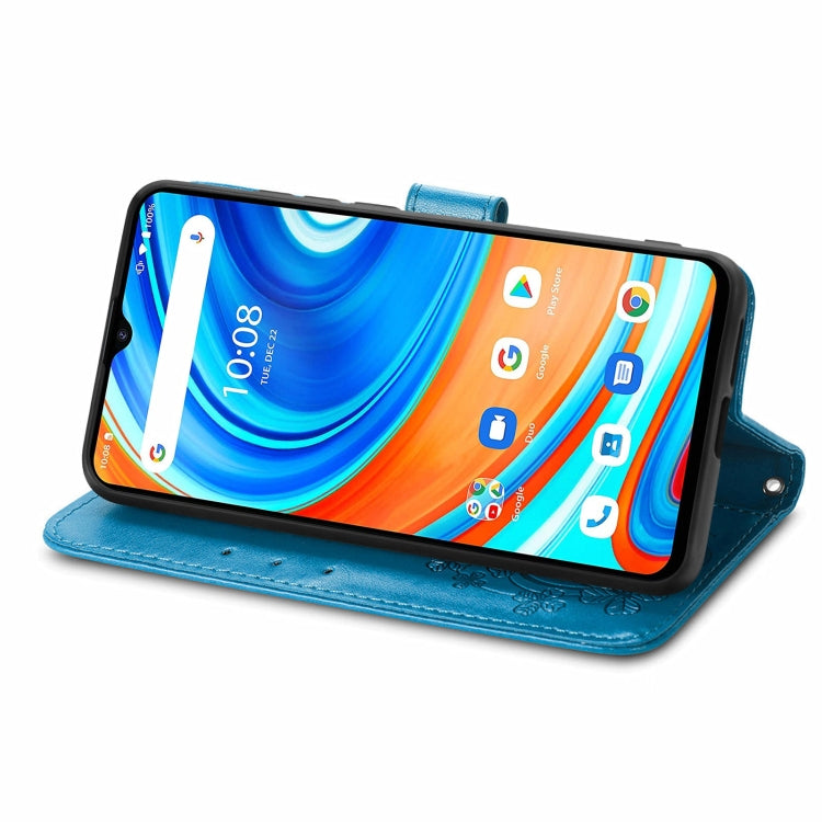 For UMIDIGI A9 Four-leaf Clasp Embossed Buckle Mobile Phone Protection Leather Case with Lanyard & Card Slot & Wallet & Bracket Function