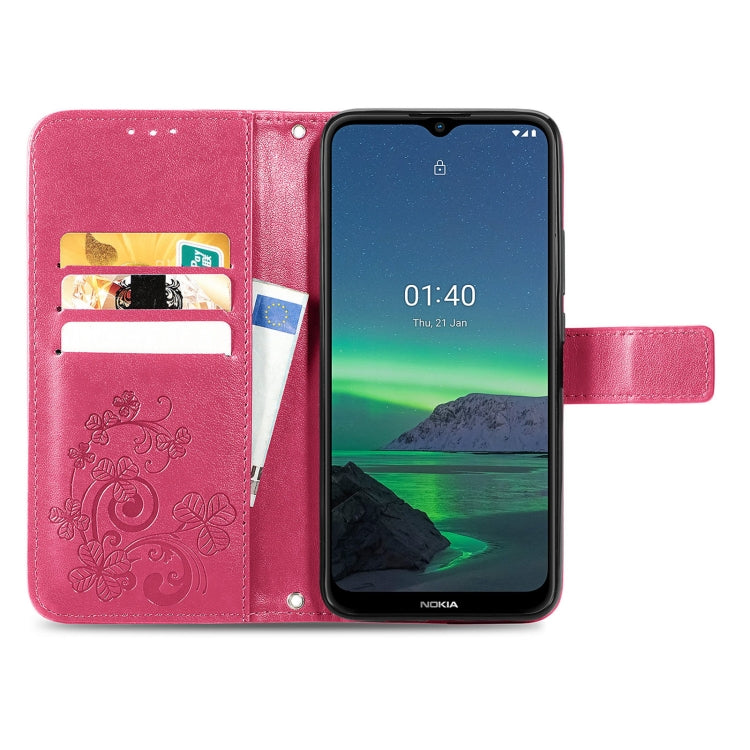 For Nokia 1.4 Four-leaf Clasp Embossed Buckle Mobile Phone Protection Leather Case with Lanyard & Card Slot & Wallet & Bracket Function