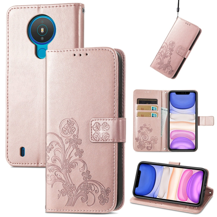 For Nokia 1.4 Four-leaf Clasp Embossed Buckle Mobile Phone Protection Leather Case with Lanyard & Card Slot & Wallet & Bracket Function