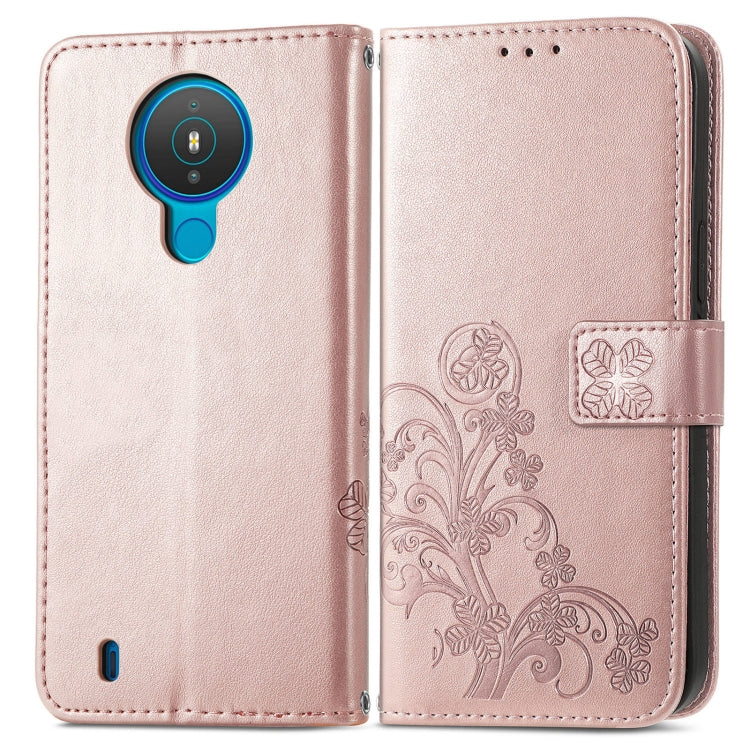 For Nokia 1.4 Four-leaf Clasp Embossed Buckle Mobile Phone Protection Leather Case with Lanyard & Card Slot & Wallet & Bracket Function
