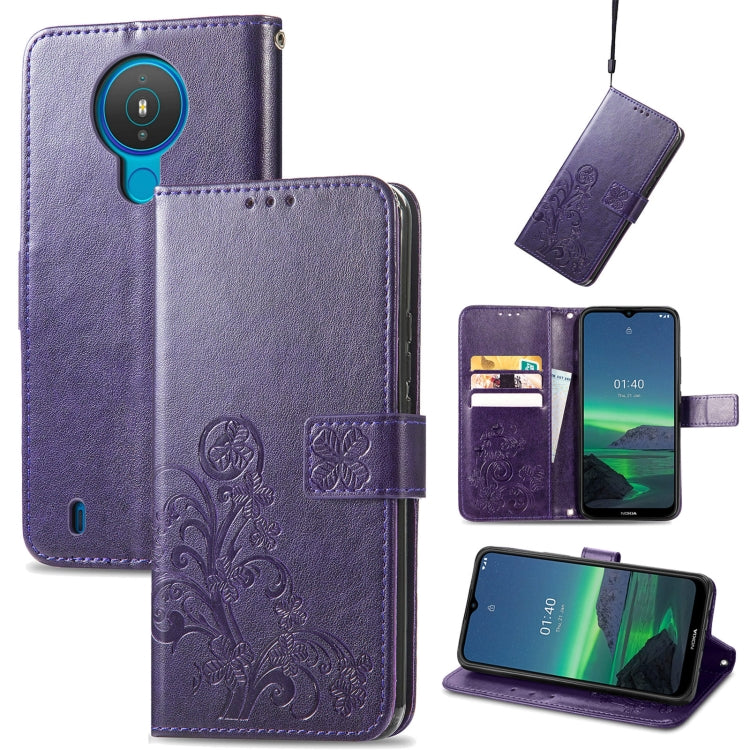 For Nokia 1.4 Four-leaf Clasp Embossed Buckle Mobile Phone Protection Leather Case with Lanyard & Card Slot & Wallet & Bracket Function