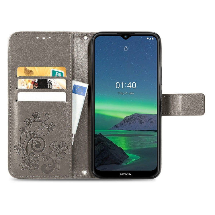 For Nokia 1.4 Four-leaf Clasp Embossed Buckle Mobile Phone Protection Leather Case with Lanyard & Card Slot & Wallet & Bracket Function