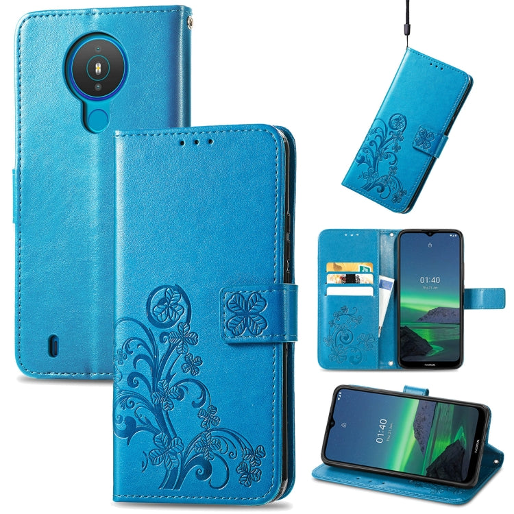 For Nokia 1.4 Four-leaf Clasp Embossed Buckle Mobile Phone Protection Leather Case with Lanyard & Card Slot & Wallet & Bracket Function
