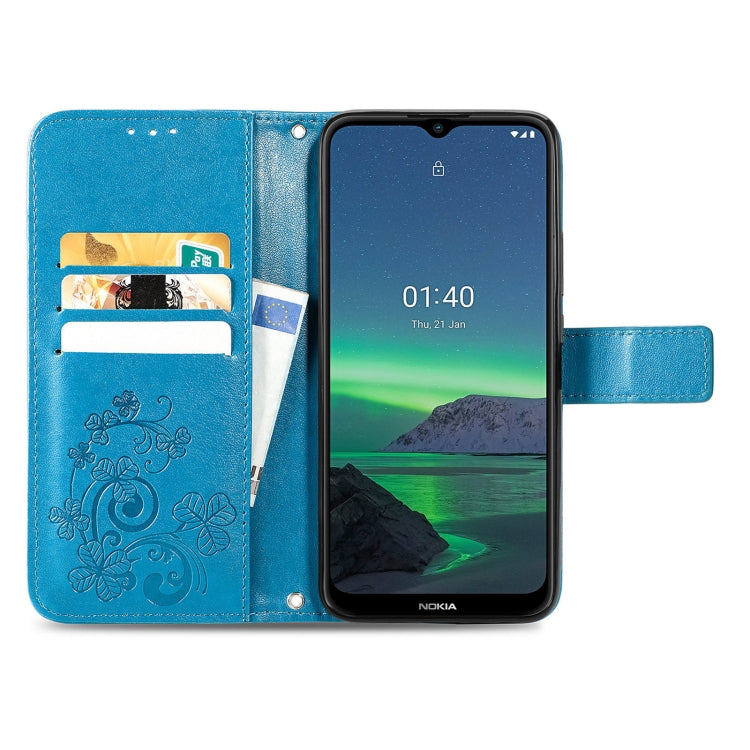 For Nokia 1.4 Four-leaf Clasp Embossed Buckle Mobile Phone Protection Leather Case with Lanyard & Card Slot & Wallet & Bracket Function
