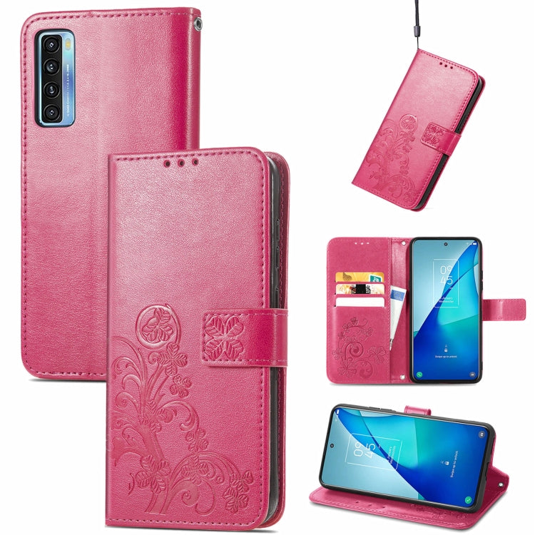 For TCL 20 S Four-leaf Clasp Embossed Buckle Mobile Phone Protection Leather Case with Lanyard & Card Slot & Wallet & Bracket Function