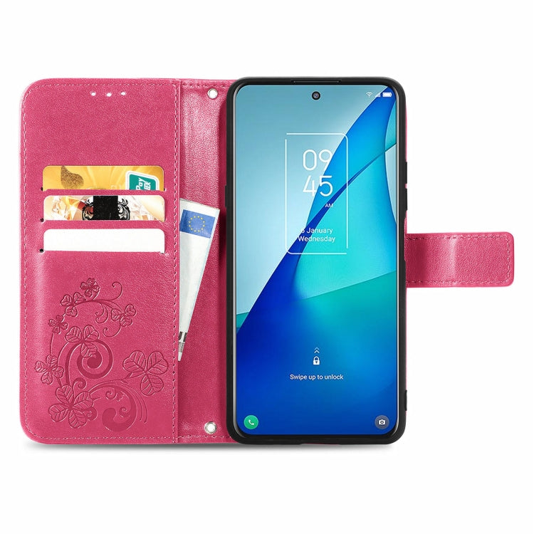 For TCL 20 S Four-leaf Clasp Embossed Buckle Mobile Phone Protection Leather Case with Lanyard & Card Slot & Wallet & Bracket Function