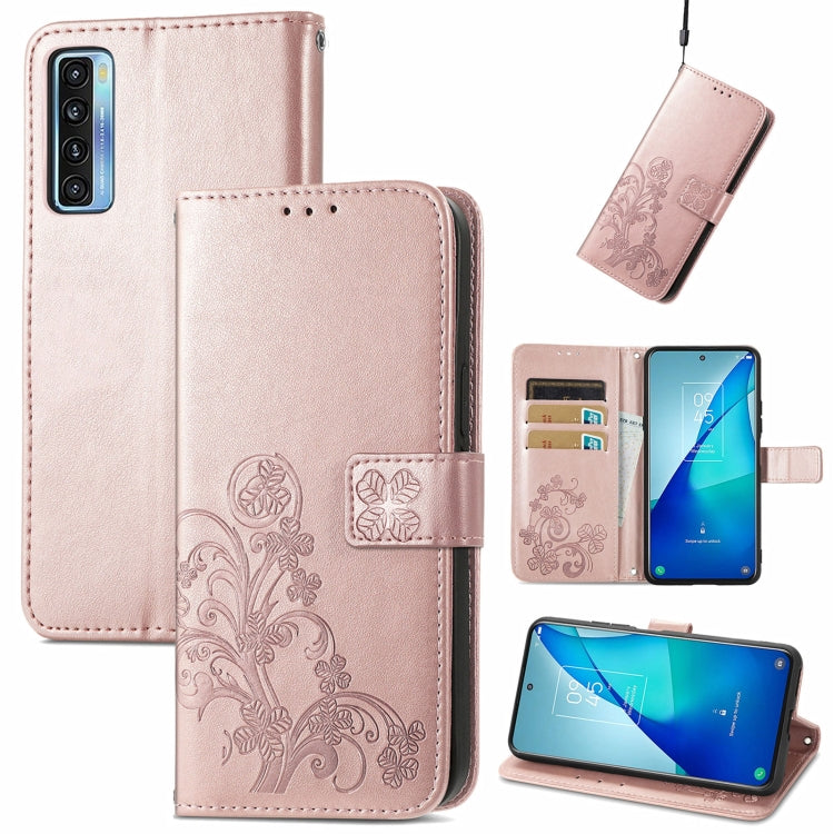 For TCL 20 S Four-leaf Clasp Embossed Buckle Mobile Phone Protection Leather Case with Lanyard & Card Slot & Wallet & Bracket Function