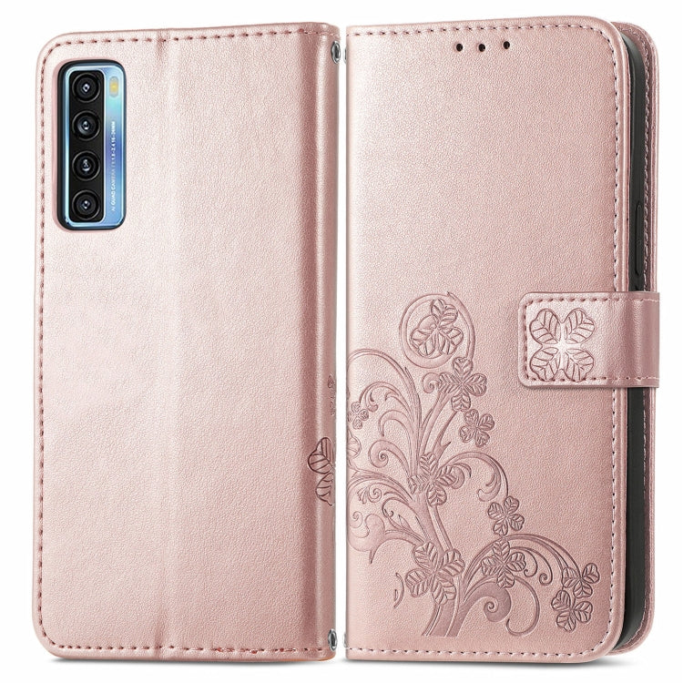 For TCL 20 S Four-leaf Clasp Embossed Buckle Mobile Phone Protection Leather Case with Lanyard & Card Slot & Wallet & Bracket Function