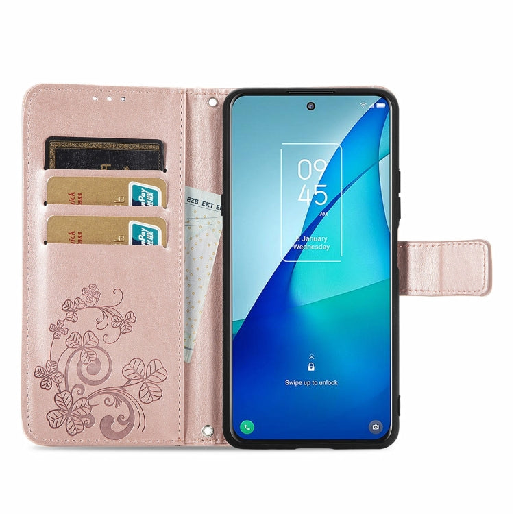 For TCL 20 S Four-leaf Clasp Embossed Buckle Mobile Phone Protection Leather Case with Lanyard & Card Slot & Wallet & Bracket Function
