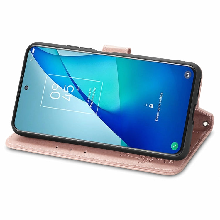 For TCL 20 S Four-leaf Clasp Embossed Buckle Mobile Phone Protection Leather Case with Lanyard & Card Slot & Wallet & Bracket Function
