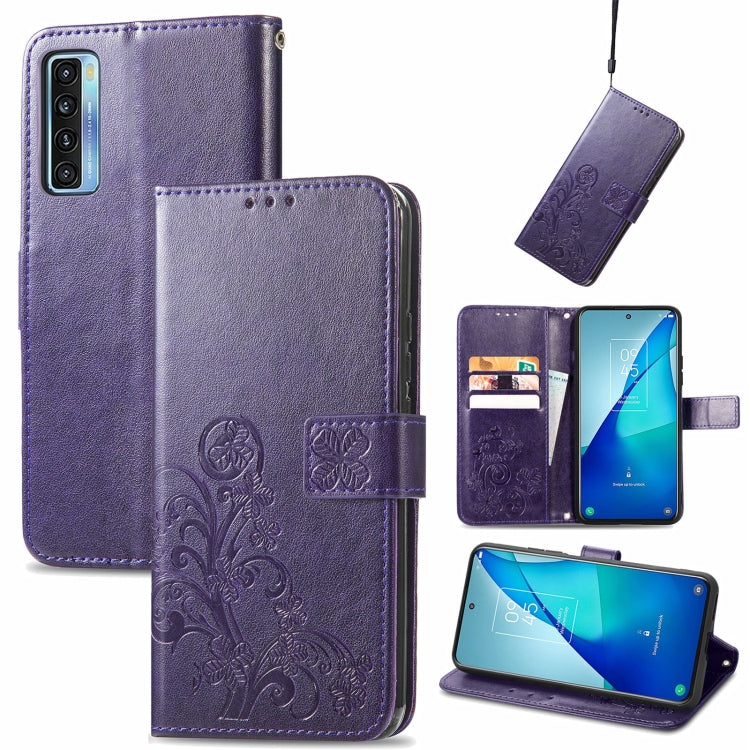 For TCL 20 S Four-leaf Clasp Embossed Buckle Mobile Phone Protection Leather Case with Lanyard & Card Slot & Wallet & Bracket Function