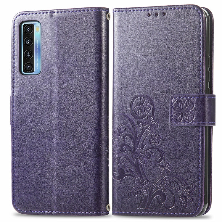 For TCL 20 S Four-leaf Clasp Embossed Buckle Mobile Phone Protection Leather Case with Lanyard & Card Slot & Wallet & Bracket Function