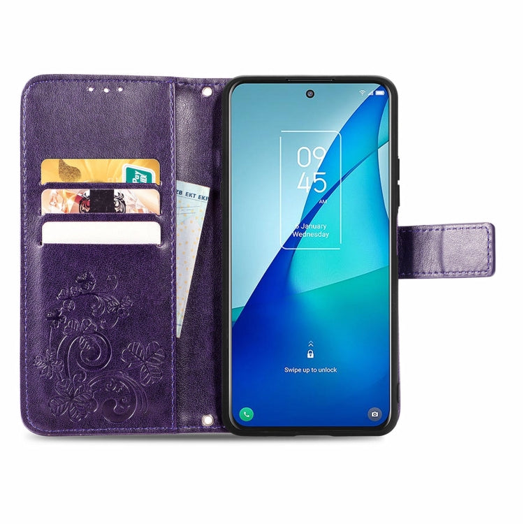 For TCL 20 S Four-leaf Clasp Embossed Buckle Mobile Phone Protection Leather Case with Lanyard & Card Slot & Wallet & Bracket Function