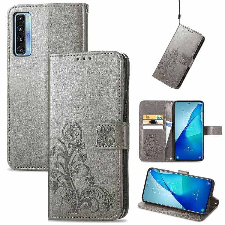 For TCL 20 S Four-leaf Clasp Embossed Buckle Mobile Phone Protection Leather Case with Lanyard & Card Slot & Wallet & Bracket Function