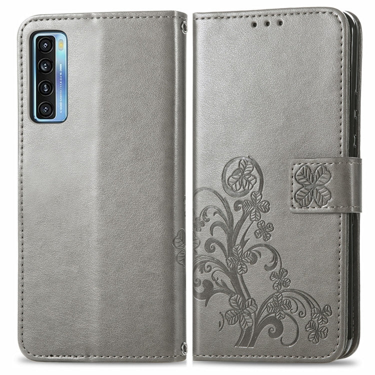 For TCL 20 S Four-leaf Clasp Embossed Buckle Mobile Phone Protection Leather Case with Lanyard & Card Slot & Wallet & Bracket Function