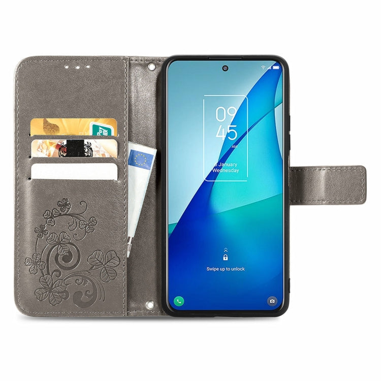 For TCL 20 S Four-leaf Clasp Embossed Buckle Mobile Phone Protection Leather Case with Lanyard & Card Slot & Wallet & Bracket Function