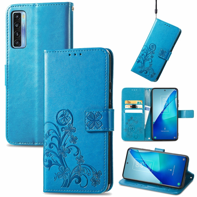For TCL 20 S Four-leaf Clasp Embossed Buckle Mobile Phone Protection Leather Case with Lanyard & Card Slot & Wallet & Bracket Function
