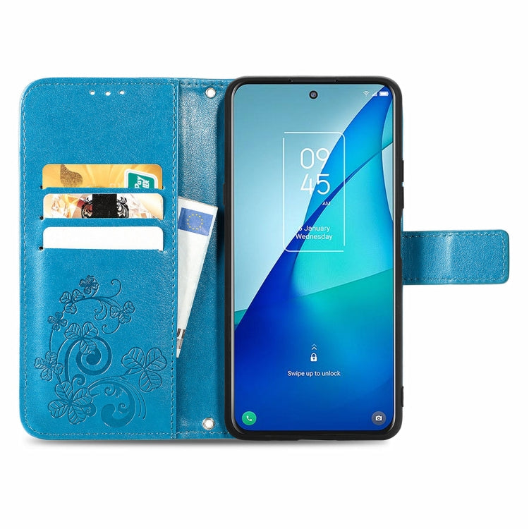 For TCL 20 S Four-leaf Clasp Embossed Buckle Mobile Phone Protection Leather Case with Lanyard & Card Slot & Wallet & Bracket Function
