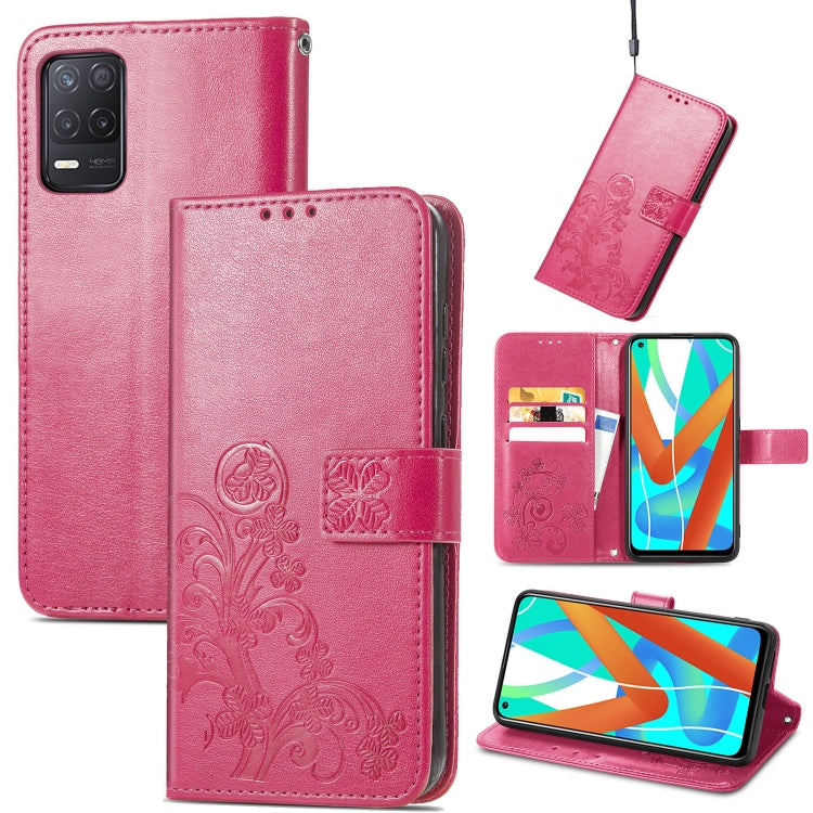 For OPPO Realme V13 Four-leaf Clasp Embossed Buckle Mobile Phone Protection Leather Case with Lanyard & Card Slot & Wallet & Bracket Function