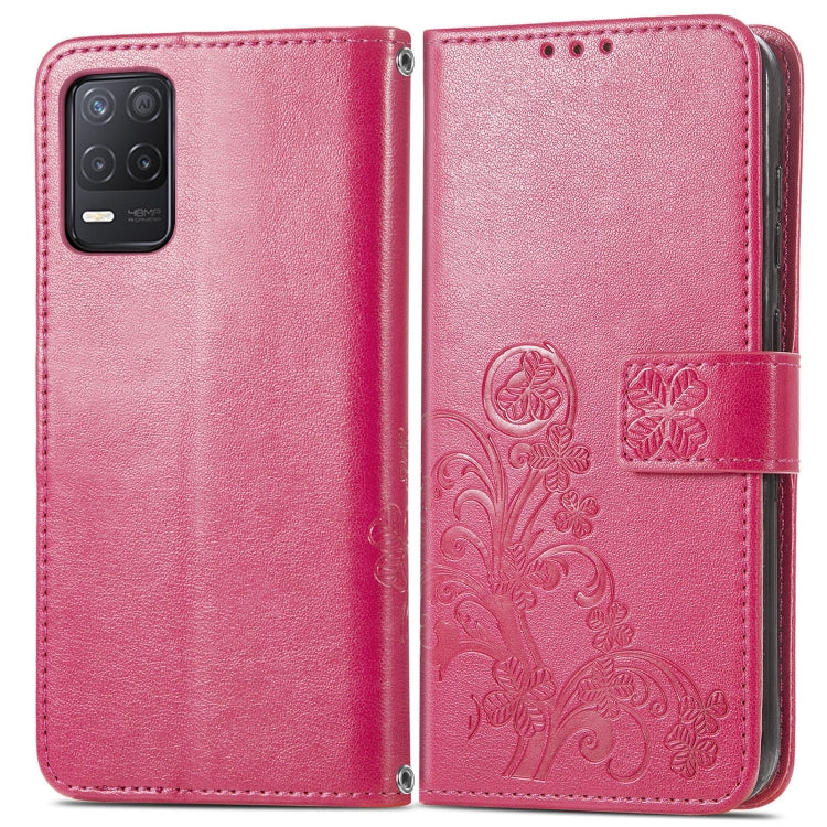 For OPPO Realme V13 Four-leaf Clasp Embossed Buckle Mobile Phone Protection Leather Case with Lanyard & Card Slot & Wallet & Bracket Function