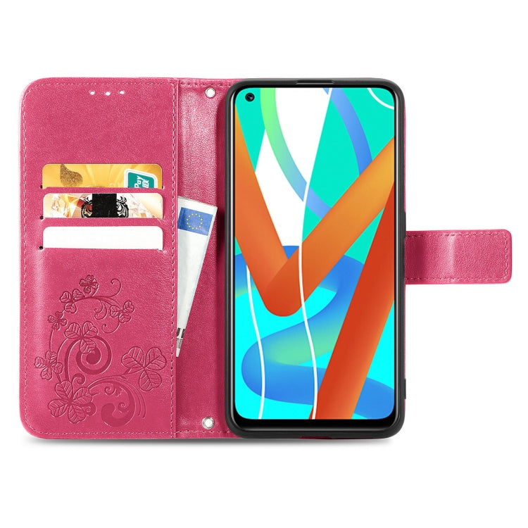 For OPPO Realme V13 Four-leaf Clasp Embossed Buckle Mobile Phone Protection Leather Case with Lanyard & Card Slot & Wallet & Bracket Function