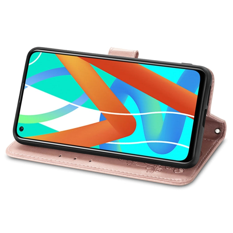 For OPPO Realme V13 Four-leaf Clasp Embossed Buckle Mobile Phone Protection Leather Case with Lanyard & Card Slot & Wallet & Bracket Function