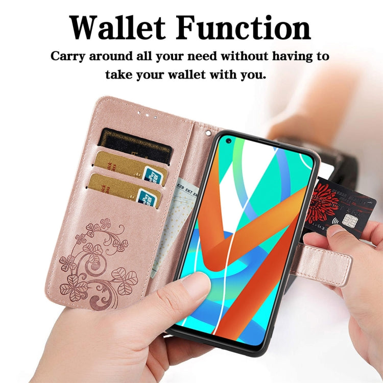 For OPPO Realme V13 Four-leaf Clasp Embossed Buckle Mobile Phone Protection Leather Case with Lanyard & Card Slot & Wallet & Bracket Function