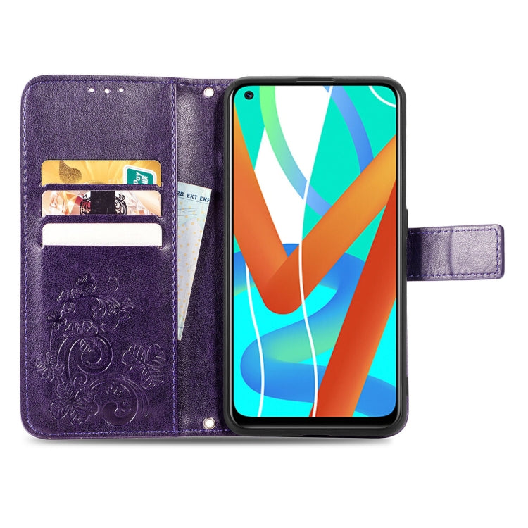 For OPPO Realme V13 Four-leaf Clasp Embossed Buckle Mobile Phone Protection Leather Case with Lanyard & Card Slot & Wallet & Bracket Function
