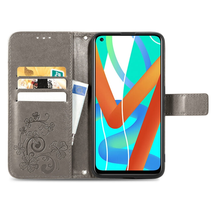 For OPPO Realme V13 Four-leaf Clasp Embossed Buckle Mobile Phone Protection Leather Case with Lanyard & Card Slot & Wallet & Bracket Function