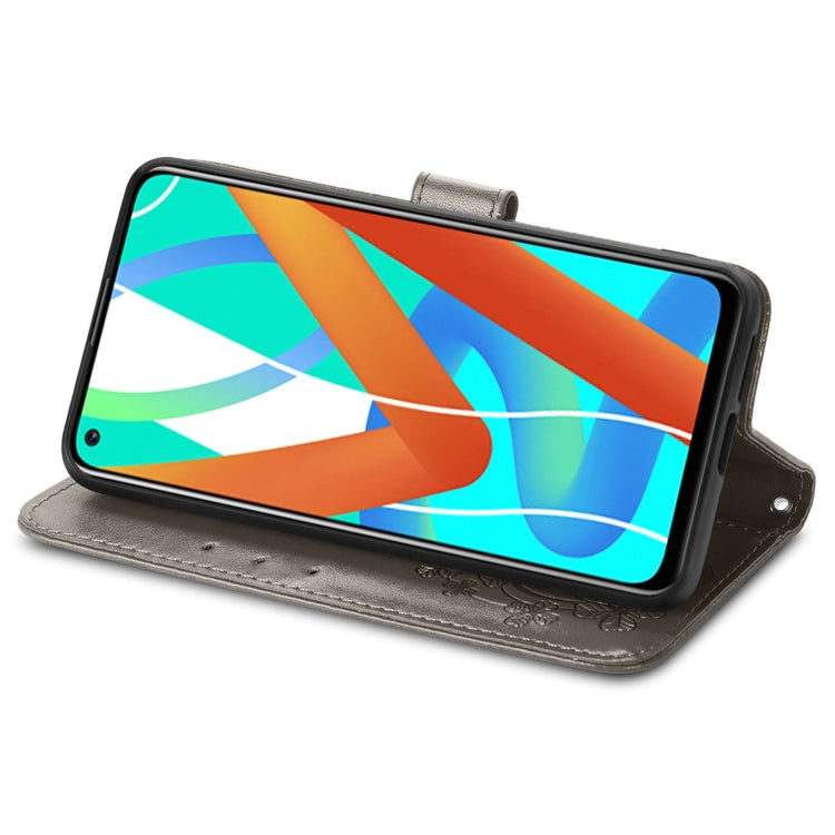 For OPPO Realme V13 Four-leaf Clasp Embossed Buckle Mobile Phone Protection Leather Case with Lanyard & Card Slot & Wallet & Bracket Function