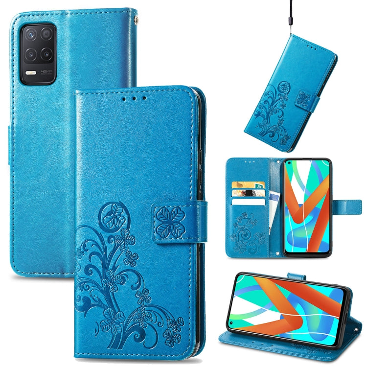 For OPPO Realme V13 Four-leaf Clasp Embossed Buckle Mobile Phone Protection Leather Case with Lanyard & Card Slot & Wallet & Bracket Function
