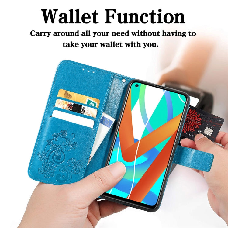 For OPPO Realme V13 Four-leaf Clasp Embossed Buckle Mobile Phone Protection Leather Case with Lanyard & Card Slot & Wallet & Bracket Function