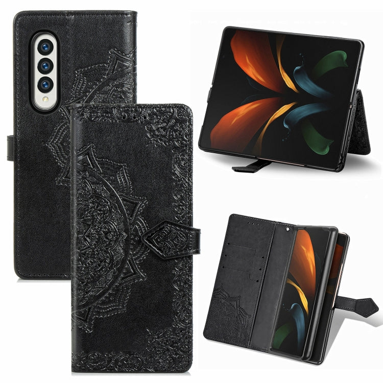 For Samsung Galaxy Z Fold3 Mandala Flower Embossed Horizontal Flip Leather Case with Holder & Three Card Slots & Wallet & Lanyard