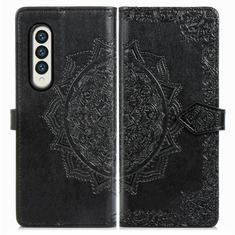 For Samsung Galaxy Z Fold3 Mandala Flower Embossed Horizontal Flip Leather Case with Holder & Three Card Slots & Wallet & Lanyard