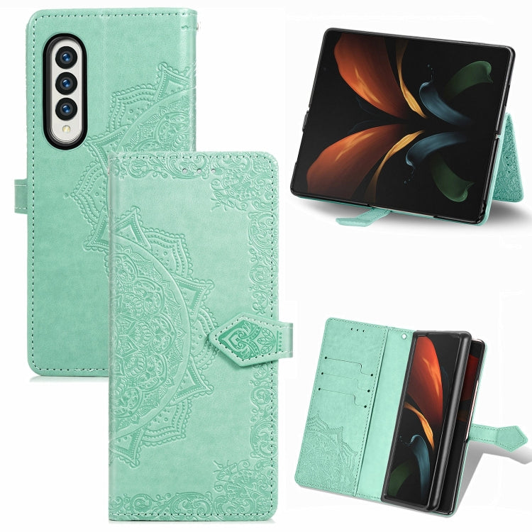 For Samsung Galaxy Z Fold3 Mandala Flower Embossed Horizontal Flip Leather Case with Holder & Three Card Slots & Wallet & Lanyard