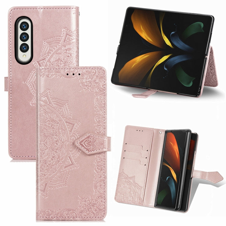 For Samsung Galaxy Z Fold3 Mandala Flower Embossed Horizontal Flip Leather Case with Holder & Three Card Slots & Wallet & Lanyard