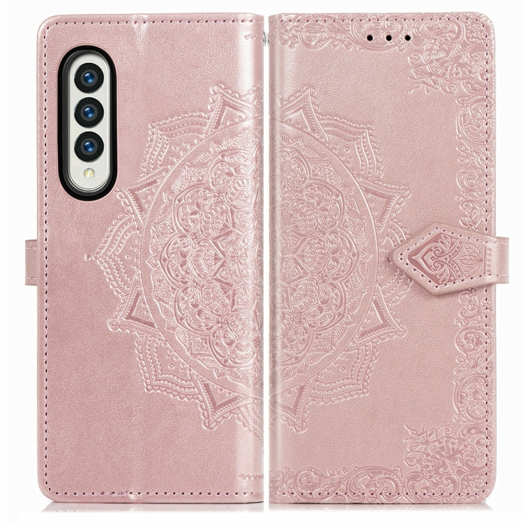 For Samsung Galaxy Z Fold3 Mandala Flower Embossed Horizontal Flip Leather Case with Holder & Three Card Slots & Wallet & Lanyard