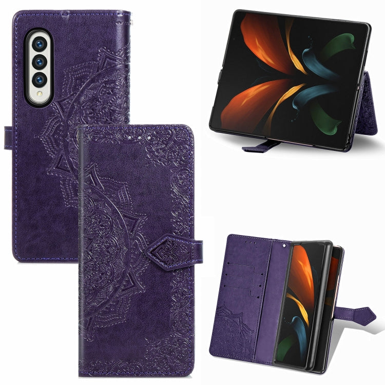 For Samsung Galaxy Z Fold3 Mandala Flower Embossed Horizontal Flip Leather Case with Holder & Three Card Slots & Wallet & Lanyard