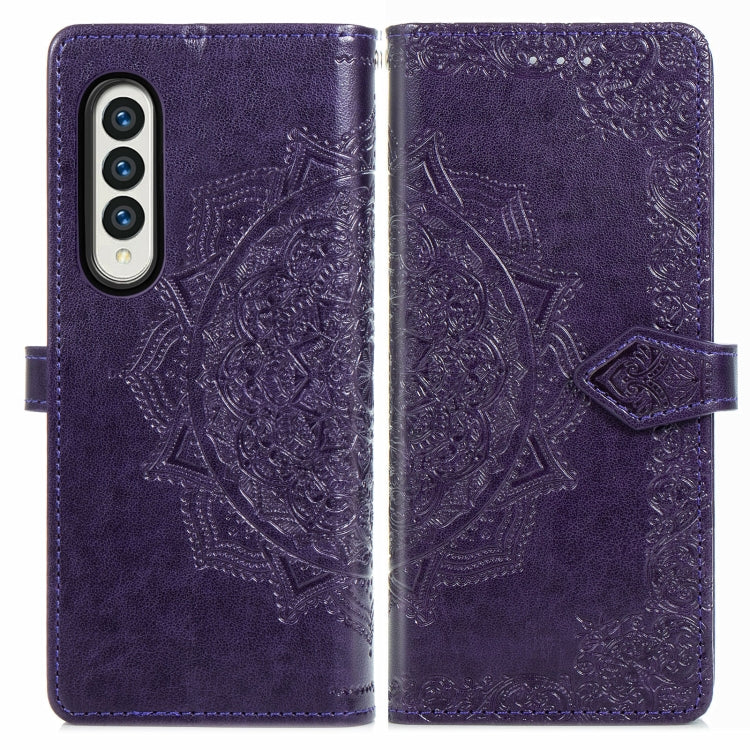For Samsung Galaxy Z Fold3 Mandala Flower Embossed Horizontal Flip Leather Case with Holder & Three Card Slots & Wallet & Lanyard