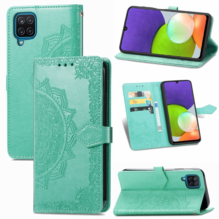 For Samsung Galaxy A12 Mandala Flower Embossed Horizontal Flip Leather Case with Holder & Three Card Slots & Wallet & Lanyard