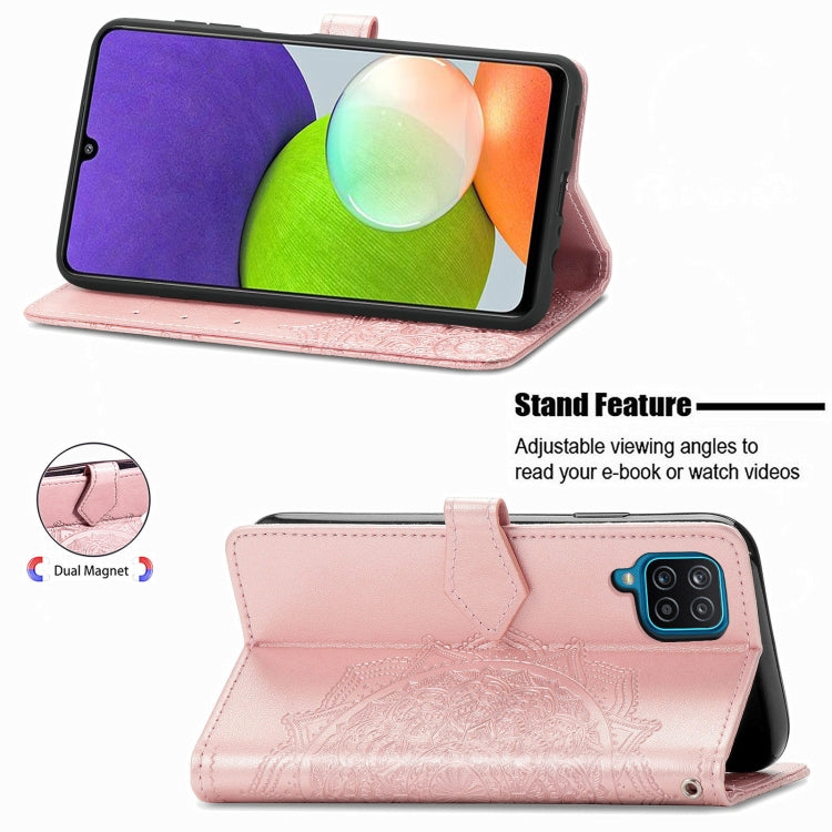 For Samsung Galaxy A12 Mandala Flower Embossed Horizontal Flip Leather Case with Holder & Three Card Slots & Wallet & Lanyard