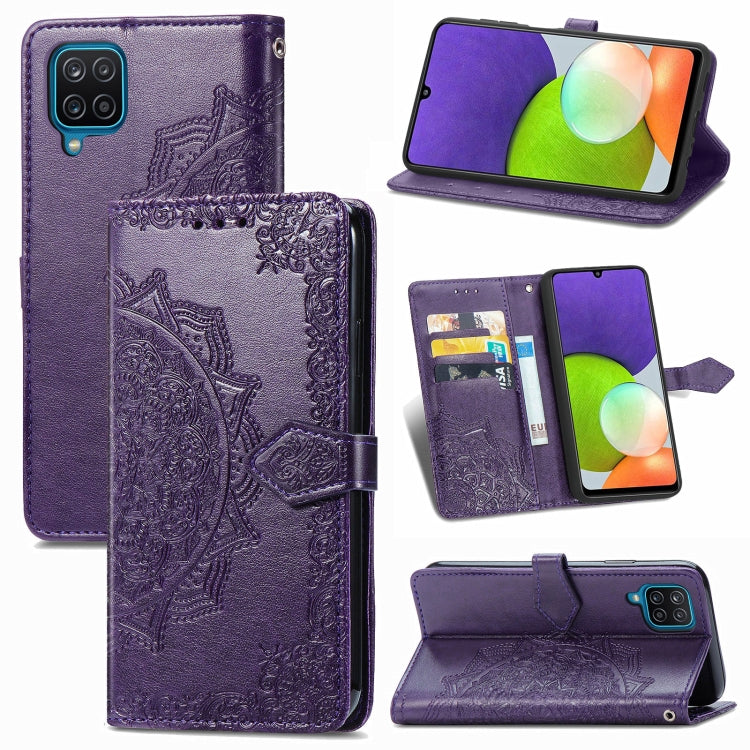For Samsung Galaxy A12 Mandala Flower Embossed Horizontal Flip Leather Case with Holder & Three Card Slots & Wallet & Lanyard